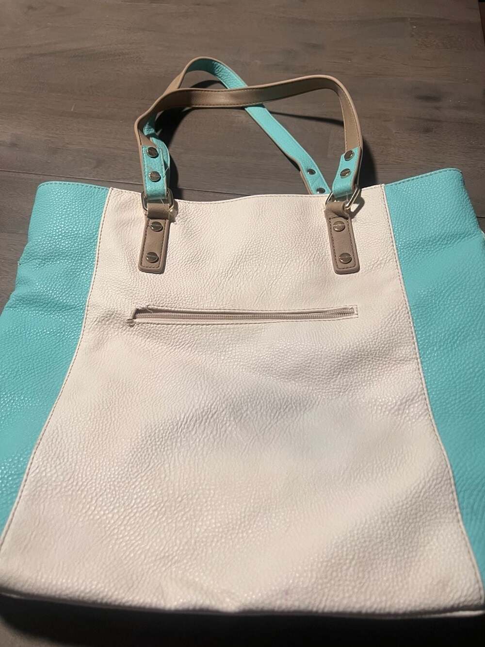 Charming Charlie Colorblock Tote Bag Teal Cream Tan